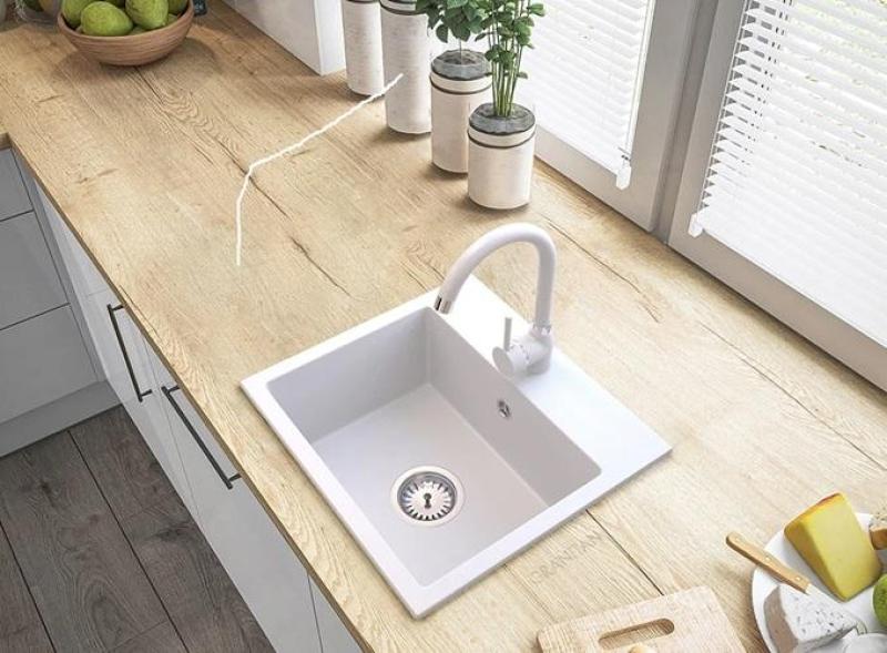Graniteland Nera Granite Sink 45x42 cm White Surface Mount with Faucet Hole and Stainless Steel Plug 1208971435