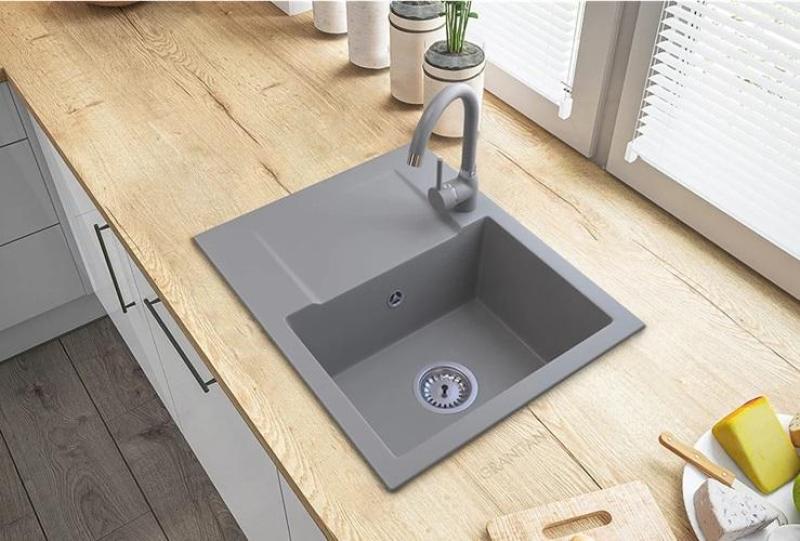 Graniteland Nera Granite Sink 45x42 cm Grey Built-in with Faucet Hole and Stainless Steel Plug 1208971436