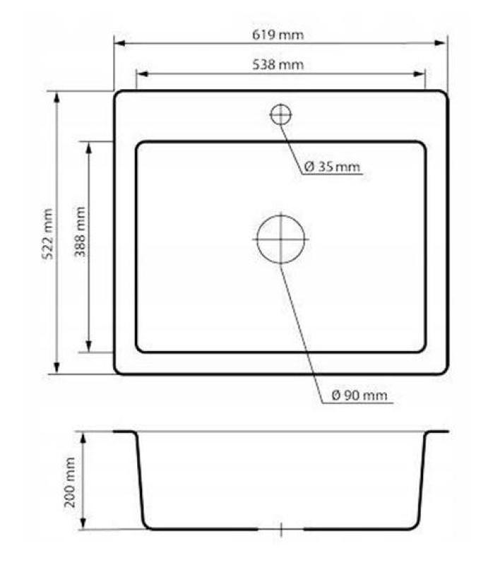 Graniteland Vastone Granite Sink 619x522 mm Black Surface Mount with Faucet Hole and Stainless Steel Plug 1208971443