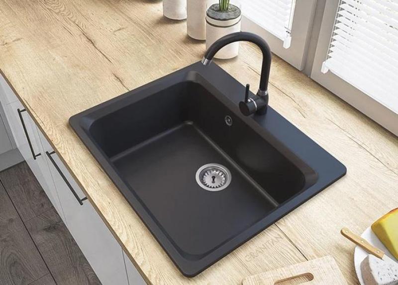 Graniteland Vastone Granite Sink 619x522 mm Black Surface Mount with Faucet Hole and Stainless Steel Plug 1208971443