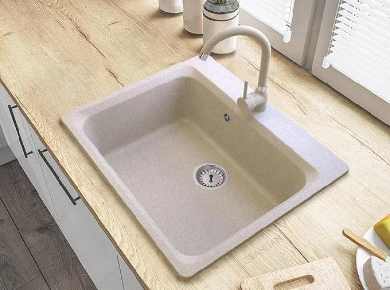 Graniteland Vastone Granite Sink 619x522 mm Beige Top Mount with Faucet Hole Bench and Stainless Steel Plug 1208971444
