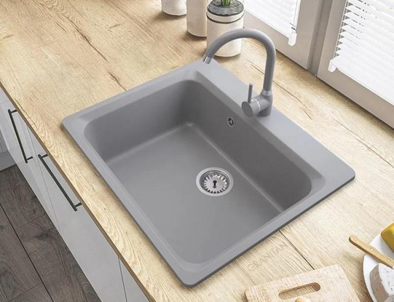 Graniteland Vastone Granite Sink 619x522 mm Gray Surface Mount with Faucet Hole and Stainless Steel Plug 1208971448