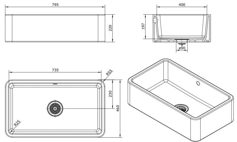 Ausmann Ceramic Mira Ceramic White Sink - Undermount and Intermediate 795 x 460 mm with Gun Metal Plug 1208971468