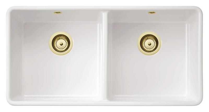 Ausmann Ceramic Mira Ceramic White Double Sink - Undermount and Intermediate 890 x 456 mm with Gold Plugs 1208971471