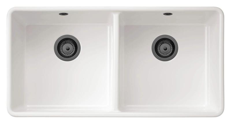 Ausmann Ceramic Mira Ceramic White Double Sink - Undermount and Intermediate 890 x 456 mm with Gun Metal Plugs 1208971473