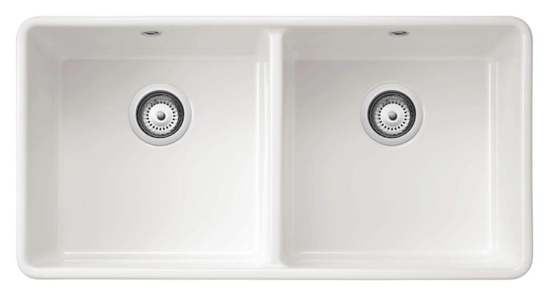 Ausmann Ceramic Mira Ceramic White Double Sink - Undermount and Intermediate 890 x 456 mm with White Plugs 1208971475