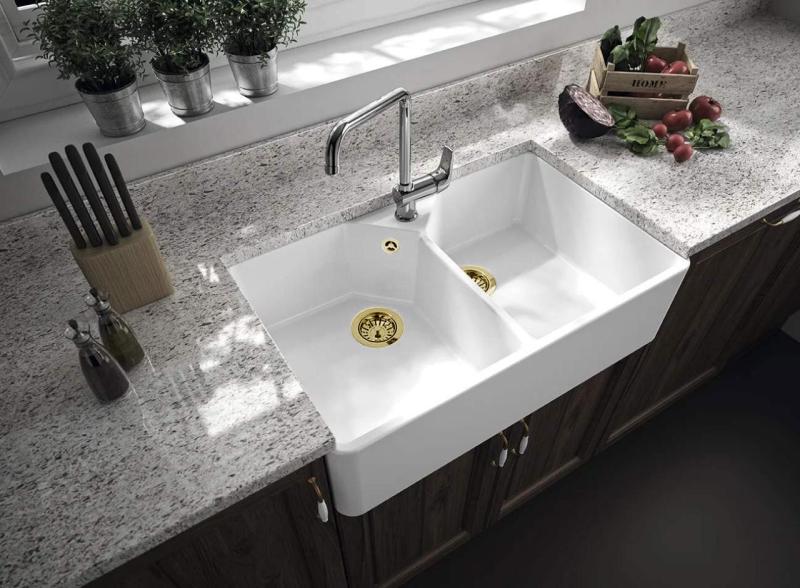 Ausmann Ceramic Mira Ceramic White Double Sink - Undermount and Intermediate 793 x 450 mm with tap hole bench and Gold plug 1208971476