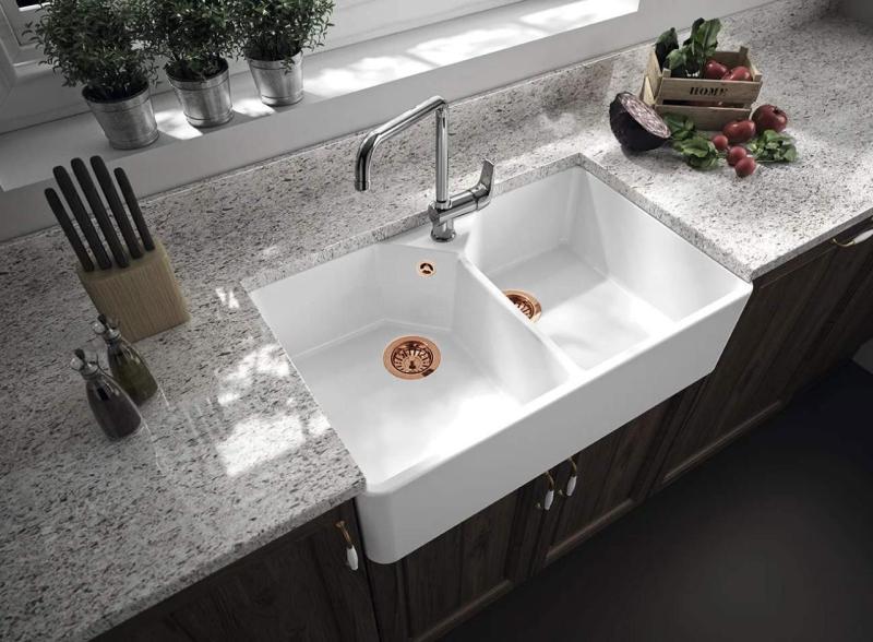Ausmann Ceramic Mira Ceramic White Double Sink - Undermount and Intermediate 793 x 450 mm with faucet hole bench and Copper plug 1208971477