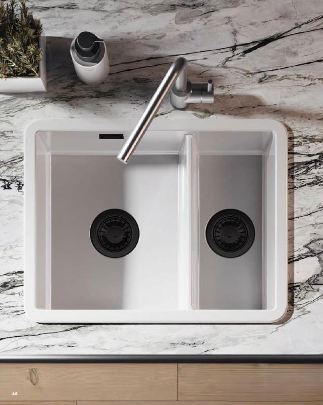 Ausmann Ceramic Ember Ceramic White One and a Half Bowl Sink Overmount and Undermount 535 x 400 mm with Black Plugs 1208971509