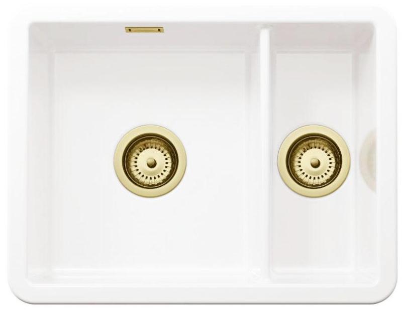 Ausmann Ceramic Ember Ceramic White One and a Half Bowl Sink Surface and Undermount 495 x 370 mm with Gold Plugs 1208971511