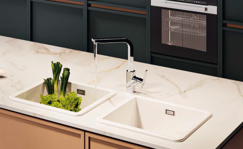 Ausmann Ceramic Ember Ceramic White One and a Half Bowl Sink Surface and Undermount 495 x 370 mm with Gold Plugs 1208971511