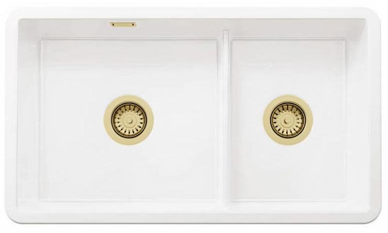 Ausmann Ceramic Ember Ceramic White One and a Half Bowl Sink Top Mount and Undermount 733 x 401 mm with Gold Plugs 1208971518
