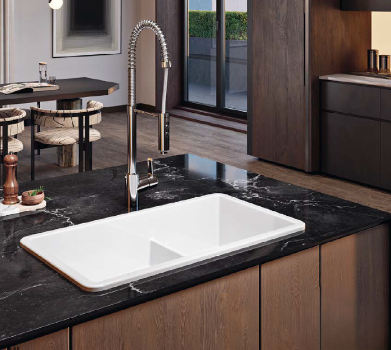 Ausmann Ceramic Ember Ceramic White One and a Half Bowl Sink Top Mount and Undermount 733 x 401 mm with Gold Plugs 1208971518