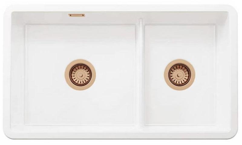 Ausmann Ceramic Ember Ceramic White One and a Half Bowl Sink Above Counter and Undermount 733 x 401 mm with Copper Plugs 1208971519