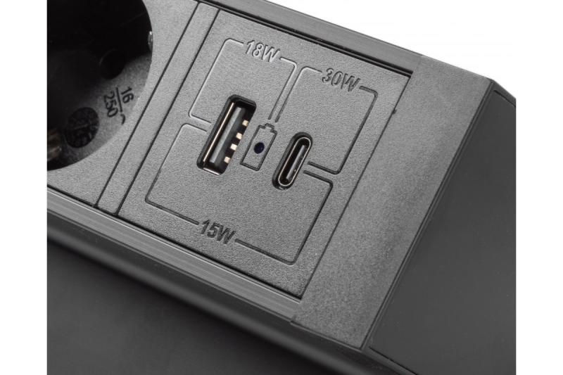 Furniture socket BASCO, 3xSHUKO, USB A+C, cable 1.5 m, black