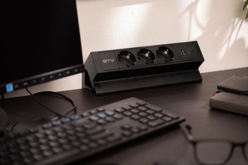 Furniture socket BASCO, 3xSHUKO, USB A+C, cable 1.5 m, black