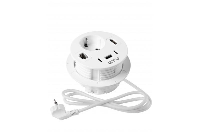 Furniture socket RONDO, 1xSHUKO, 1xUSB-A, 2xUSB-C, HDMI, RJ45 cable 1.5 m, white