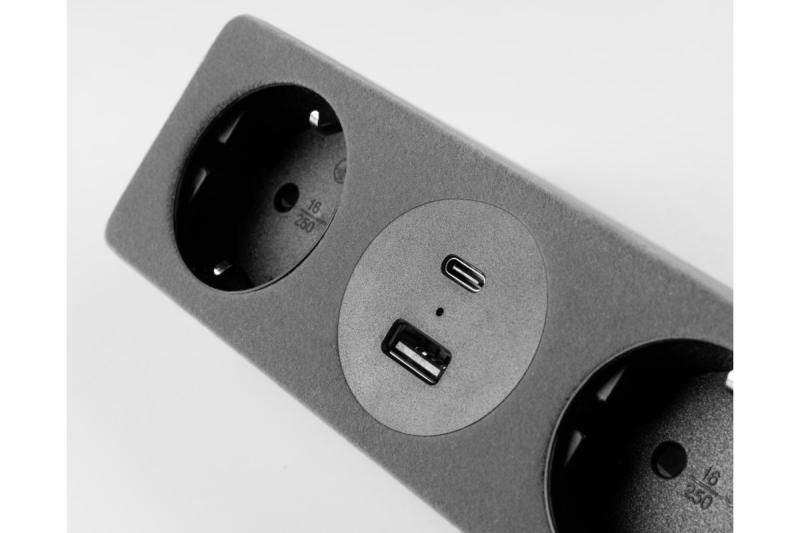 Furniture socket SOFITO, 2xSHUKO, USB A+C, cable 1.5 m, gray flock