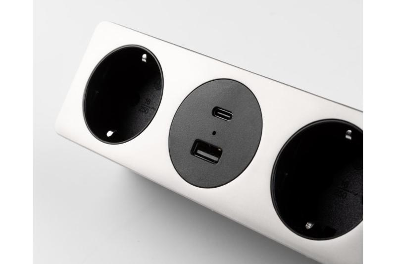 Furniture socket SOFITO, 2xSHUKO, USB A+C, cable 1.5 m, stainless steel