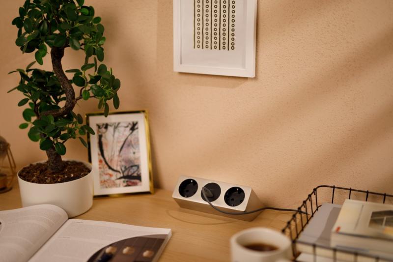 Furniture socket SOFITO, 2xSHUKO, USB A+C, cable 1.5 m, stainless steel