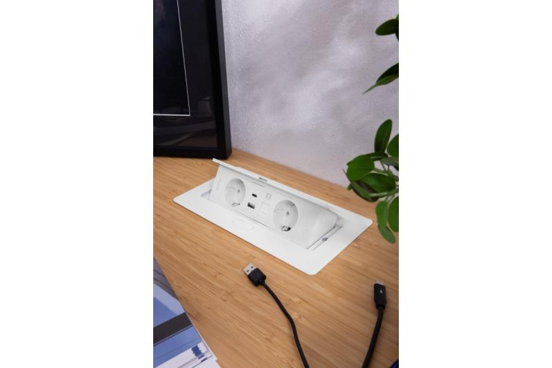Furniture socket MULTISOFT, 2xSHUKO, USB A+C, RJ45, cable 1.5 m, white