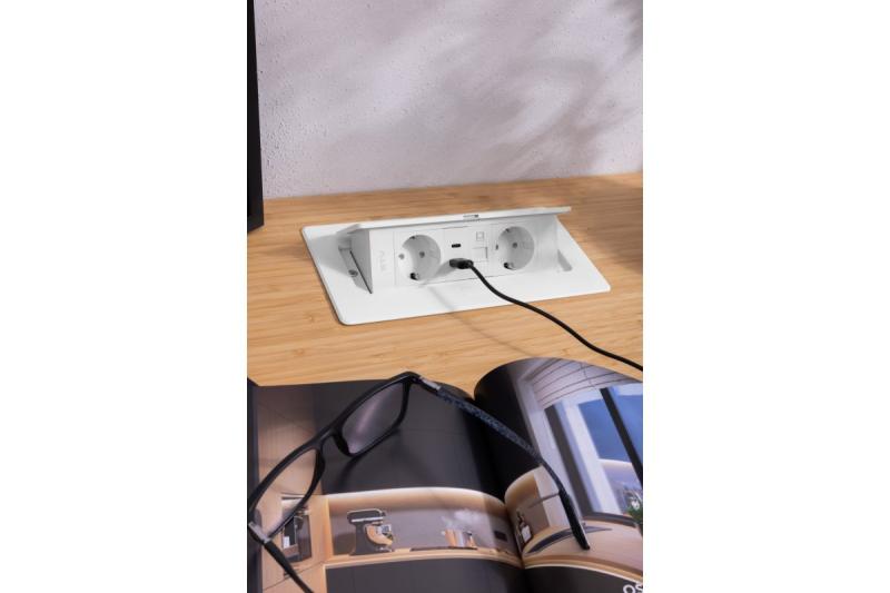 Furniture socket MULTISOFT, 2xSHUKO, USB A+C, RJ45, cable 1.5 m, white