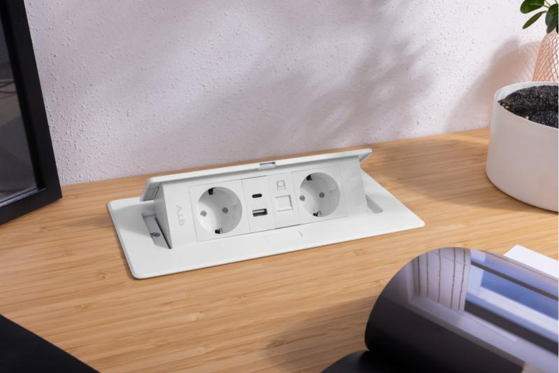 Furniture socket MULTISOFT, 2xSHUKO, USB A+C, RJ45, cable 1.5 m, white