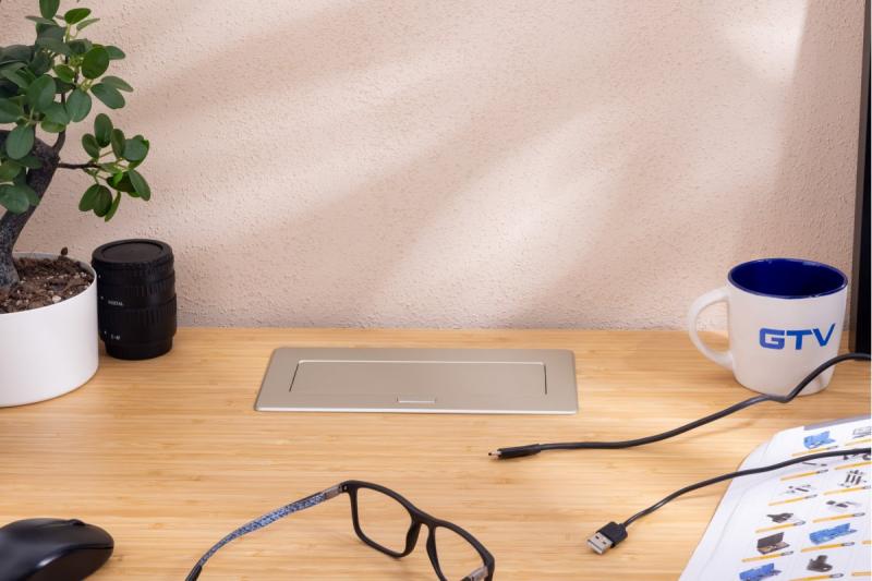 Furniture socket MULTISOFT, 2xSHUKO, USB A+C, RJ45, cable 1.5 m, aluminum