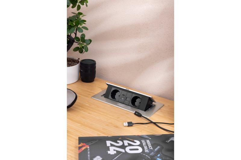 Furniture socket MULTISOFT, 2xSHUKO, USB A+C, RJ45, cable 1.5 m, aluminum