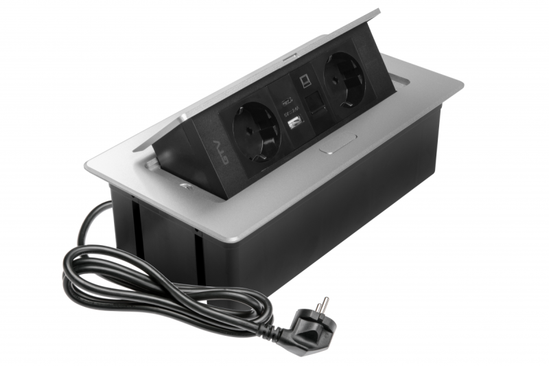 Furniture socket MULTISOFT, 2xSHUKO, USB A+C, RJ45, cable 1.5 m, aluminum