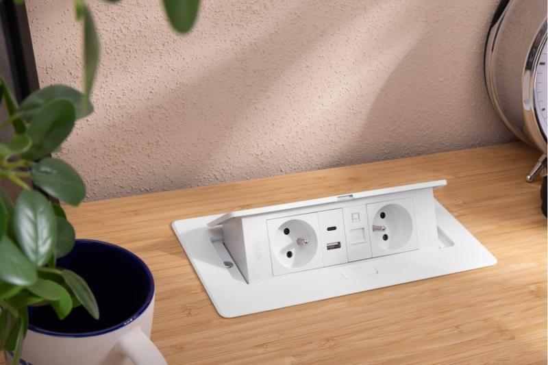 MULTISOFT Furniture Socket 2x Socket with Earthing, USB A+C, RJ45, Power Cable with Plug, White