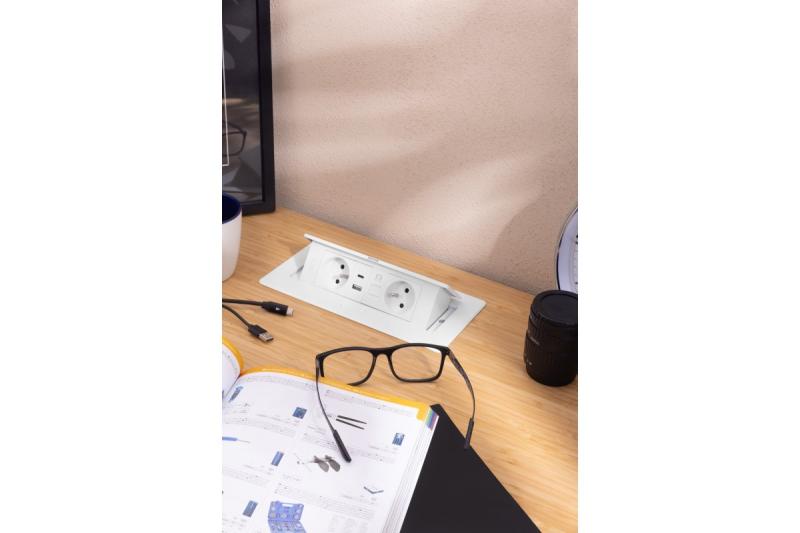 MULTISOFT Furniture Socket 2x Socket with Earthing, USB A+C, RJ45, Power Cable with Plug, White