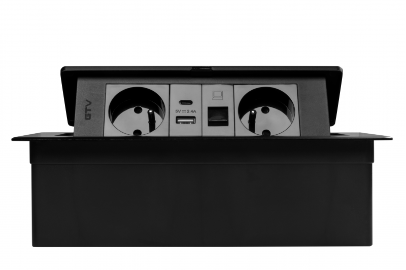 MULTISOFT Furniture Socket 2x Socket with Earthing, USB A+C, RJ45, Power Cable with Plug, Black