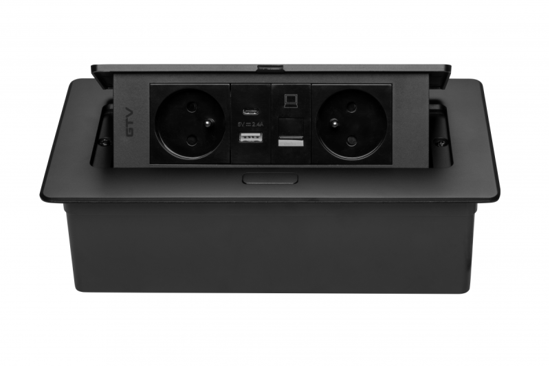 MULTISOFT Furniture Socket 2x Socket with Earthing, USB A+C, RJ45, Power Cable with Plug, Black