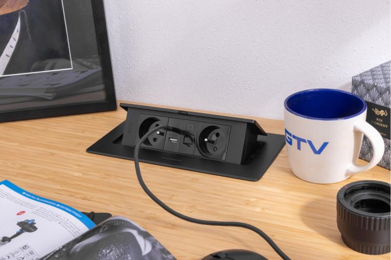 MULTISOFT Furniture Socket 2x Socket with Earthing, USB A+C, RJ45, Power Cable with Plug, Black