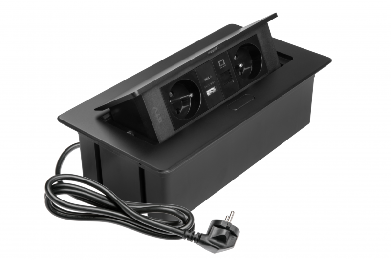 MULTISOFT Furniture Socket 2x Socket with Earthing, USB A+C, RJ45, Power Cable with Plug, Black