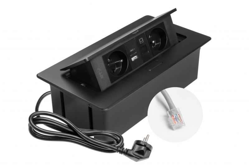 MULTISOFT Furniture Socket 2x Socket with Earthing, USB A+C, RJ45, Power Cable with Plug, Black