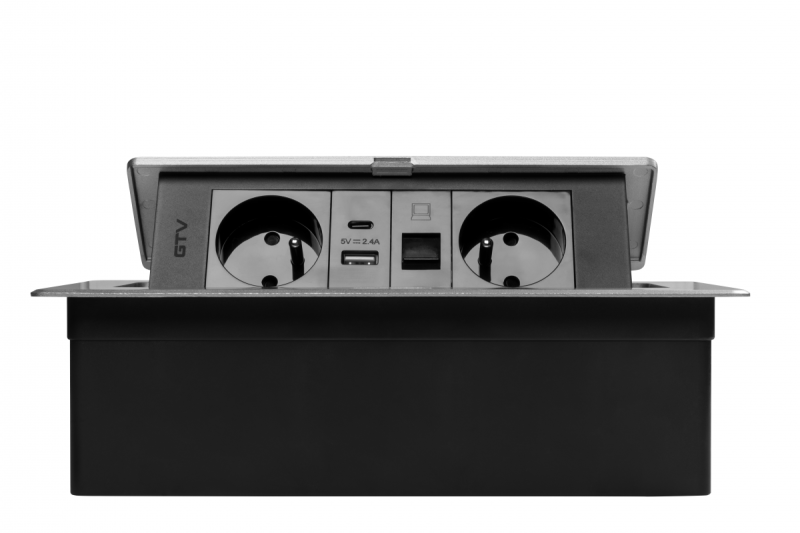 MULTISOFT Furniture Socket 2x Socket with Earthing, USB A+C, RJ45, Power Cable with Plug, Aluminium