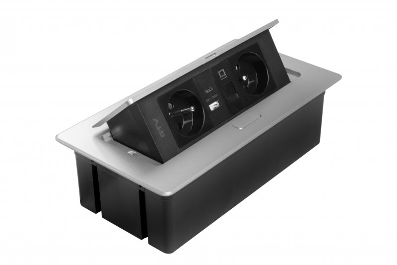 MULTISOFT Furniture Socket 2x Socket with Earthing, USB A+C, RJ45, Power Cable with Plug, Aluminium