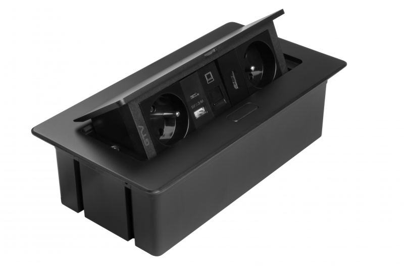 Furniture socket MULTISOFT, 2xSHUKO, USB A+C, RJ45, HDMI cable 1.5 m, black