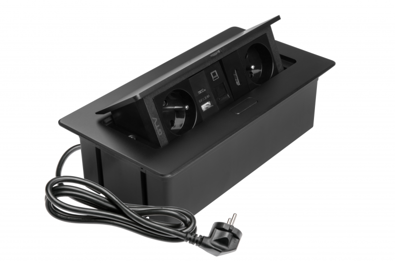 Furniture socket MULTISOFT, 2xSHUKO, USB A+C, RJ45, HDMI cable 1.5 m, black