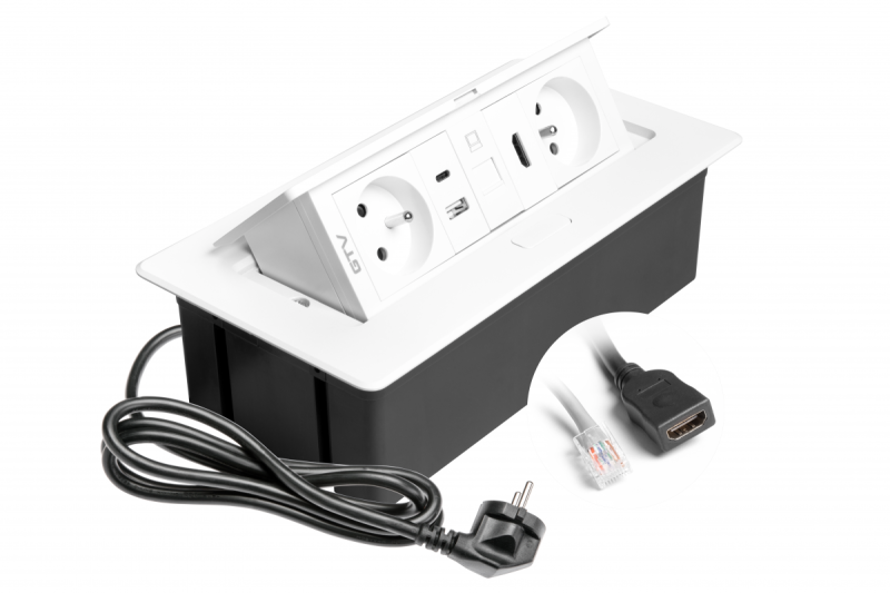 MULTISOFT furniture socket 2x Socket with Earthing, USB A+C, RJ45, HDMI, Power Cable with Plug, White