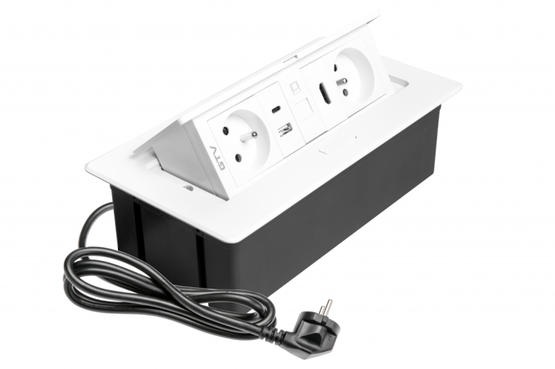 MULTISOFT furniture socket 2x Socket with Earthing, USB A+C, RJ45, HDMI, Power Cable with Plug, White