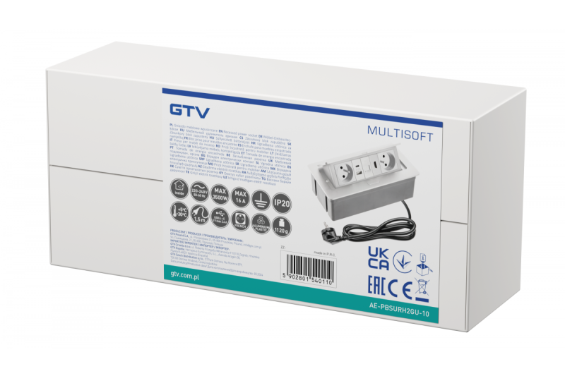 MULTISOFT furniture socket 2x Socket with Earthing, USB A+C, RJ45, HDMI, Power Cable with Plug, White