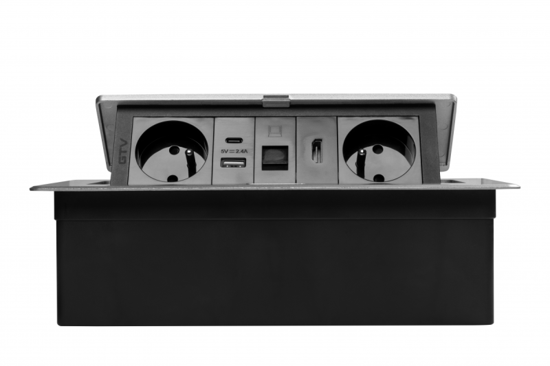 MULTISOFT furniture socket 2x Socket with Earthing, USB A+C, RJ45, HDMI, Power Cable with Plug, Aluminium