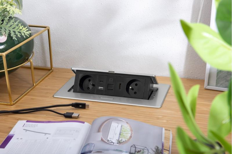 MULTISOFT furniture socket 2x Socket with Earthing, USB A+C, RJ45, HDMI, Power Cable with Plug, Aluminium