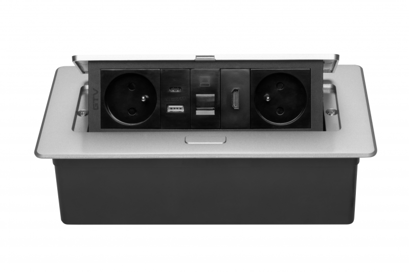 MULTISOFT furniture socket 2x Socket with Earthing, USB A+C, RJ45, HDMI, Power Cable with Plug, Aluminium