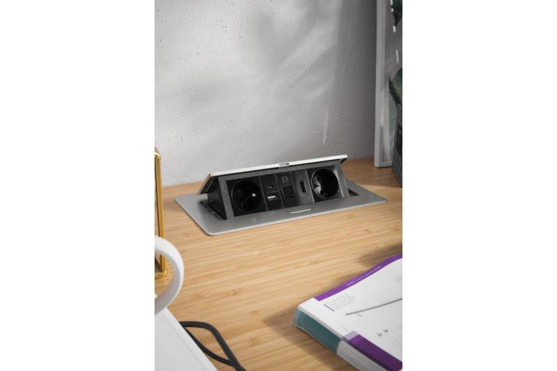MULTISOFT furniture socket 2x Socket with Earthing, USB A+C, RJ45, HDMI, Power Cable with Plug, Aluminium