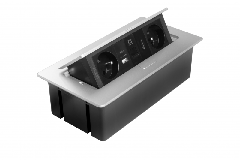 MULTISOFT furniture socket 2x Socket with Earthing, USB A+C, RJ45, HDMI, Power Cable with Plug, Aluminium