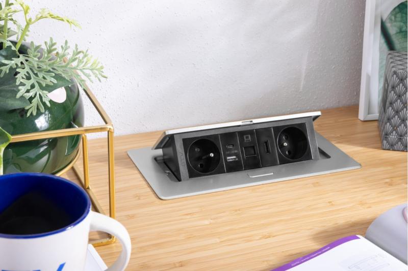 MULTISOFT furniture socket 2x Socket with Earthing, USB A+C, RJ45, HDMI, Power Cable with Plug, Aluminium